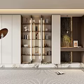 Modern Luxury Bookcase Design With Open Shelves LED Lighting Decorative Items And Green Plants