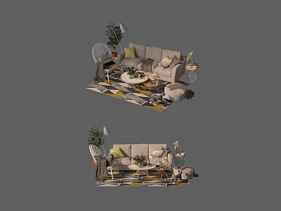 Modern Sofa And Coffee Table Set With Soft Fabric Pillows Area Rug And Side Table 3d model