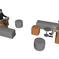 Gray And Orange Sofa Stools With People Sitting Reading Newspaper And Using Tablet 3d model