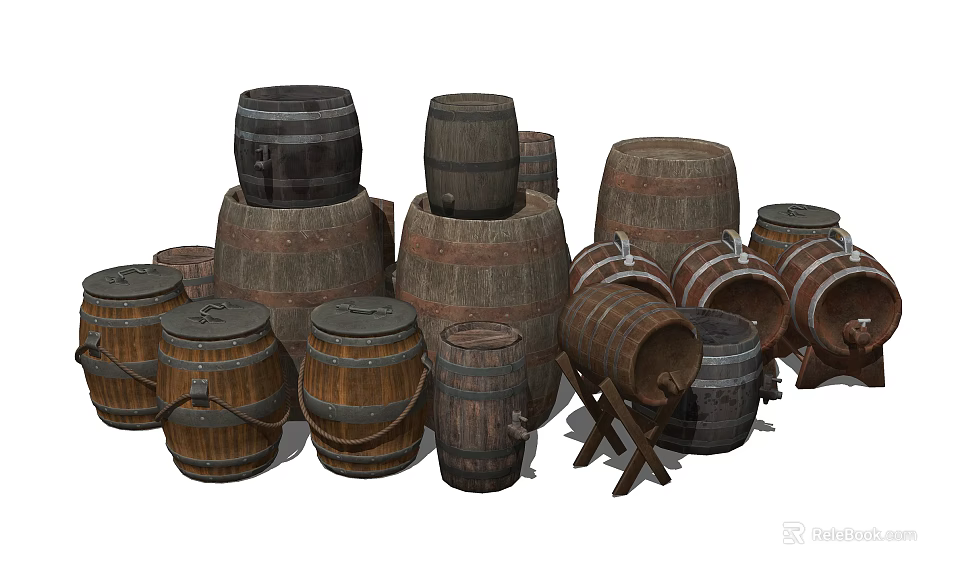 Rustic Wooden Barrels In Various Sizes Stacked With Handles For Home Storage 3d model 