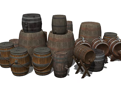 Rustic Wooden Barrels In Various Sizes Stacked With Handles For Home Storage 3d model