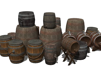 Rustic Wooden Barrels In Various Sizes Stacked With Handles For Home Storage 3d model