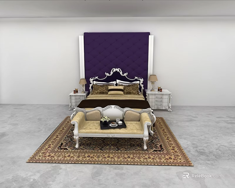 Double Bed with Purple Tufted Headboard Nightstands Lamps Ornate White Bench and Patterned Rug 3d model 