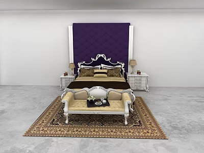 Double Bed with Purple Tufted Headboard Nightstands Lamps Ornate White Bench and Patterned Rug 3d model