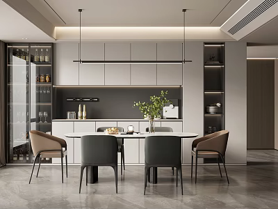Modern Restaurant Interior With Open Kitchen Dining Table Chairs And Green Plant 3d model