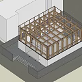 Modern Architectural Rendering With Wooden Frame Glass Facade And Metal Panels Entrance