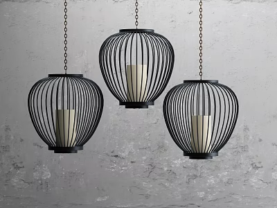 Stylish Black Metal Frame Pendant Lights With Circular Lantern Design And White Candle Like Lights 3d model