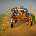 Ancient Wooden Chariot With Large Spoked Wheels Metal Containers And Spears