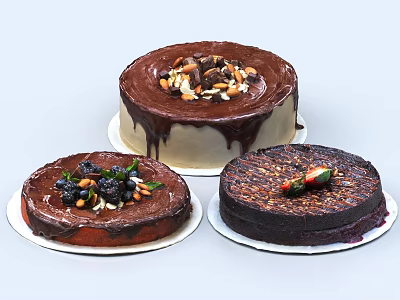 Delicious Decorated Cakes With Chocolate Drizzle Berries Nuts And Fruit Toppings 3d model Delicious Decorated Cakes With Chocolate Drizzle Berries Nuts And Fruit Toppings 3d model