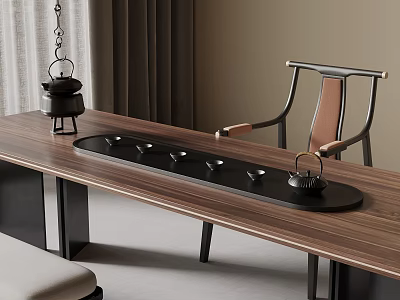 Wooden Tea Table Setup With Black Tea Set And Comfortable Chair 3d model