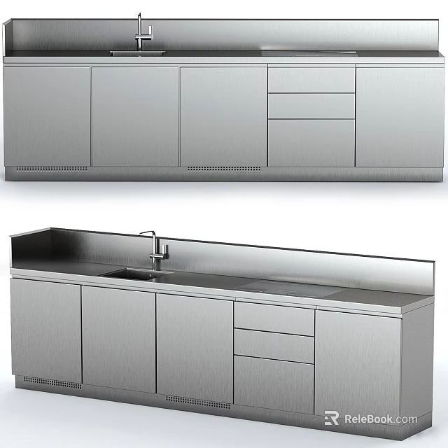Modern Stainless Steel Kitchen Cabinets With Countertop Sink And Drawers 3d model 
