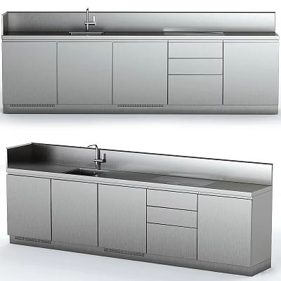 Modern Stainless Steel Kitchen Cabinets With Countertop Sink And Drawers 3d model