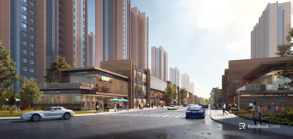 Bustling Commercial Street With High Rise Buildings Shops Pedestrians Vehicles And Trees 3d model 