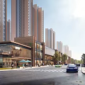 Bustling Commercial Street With High Rise Buildings Shops Pedestrians Vehicles And Trees