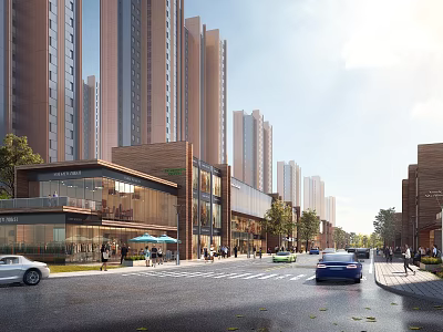 Bustling Commercial Street With High Rise Buildings Shops Pedestrians Vehicles And Trees 3d model