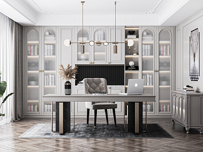 American Study Desk and Chair Writing Desk Bookcase Desk Leisure Chair Chandelier Decorative Cabinet 3d model