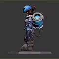 3D Game Character Model With Blue Armor Goggles Holding Device Brown Hair And Hexagonal Base