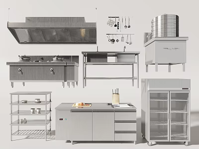 Commercial Kitchen Equipment Including Range Hood Cabinets Shelves And Refrigerator 3d model