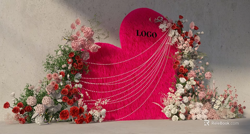 Floral Installation Featuring Pink Heart Shaped Backdrop Pearl Strings And Red White Pink Flowers 3d model 