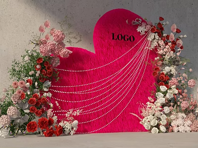 Floral Installation Featuring Pink Heart Shaped Backdrop Pearl Strings And Red White Pink Flowers 3d model