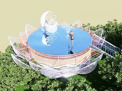 Lotus Shaped Observation Deck With Blue Circular Platform And White Mesh Structure Surrounded By Trees 3d model