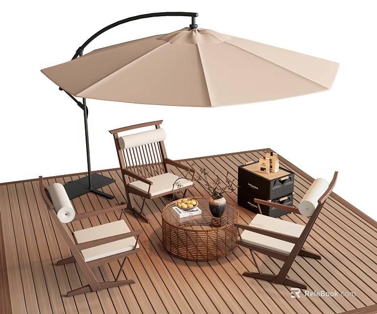 Wooden Frame Outdoor Chairs With Cushions And Wicker Coffee Table On Wooden Deck Under Umbrella 3d model 