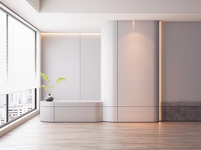 Minimalist Interior Design With Large Window Wooden Floor And Potted Plant 3d model