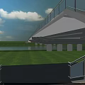 Scenic Bridge Spanning River With Green Grass Trees Vehicles And City Skyline