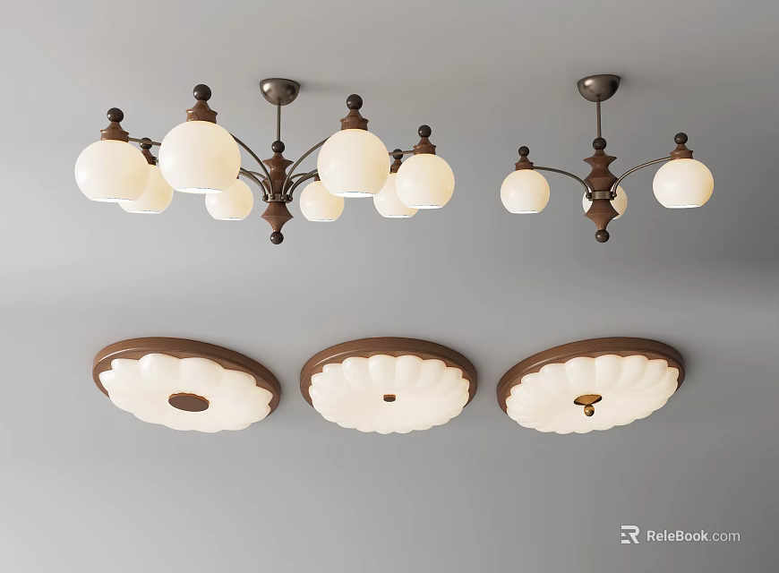 Vintage Lighting Combination With Glass Shade Chandelier And Flush Mount Ceiling Lights 3d model 