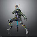 Cyberpunk Sci-Fi Character with Mechanical Helmet Antenna Green Jacket Robotic Legs Holding Weapon Action Pose