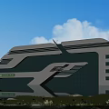 Modern Office Building With Glass Curtain Wall Unique Design Water Reflection And Greenery