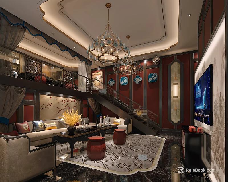 Modern Luxury KTV Interior With Sofa Chandelier Large TV Screen Decorative Wall And Carpet 3d model 
