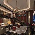 Modern Luxury KTV Interior With Sofa Chandelier Large TV Screen Decorative Wall And Carpet