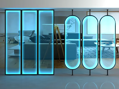 Modern Glass Room Dividers With Blue Lighting And Oval Panels In Living Space 3d model