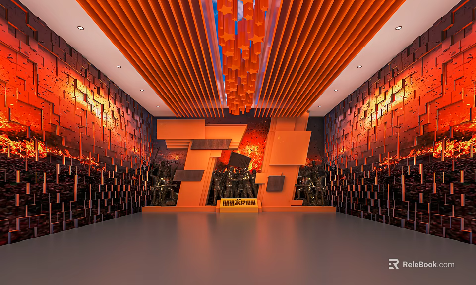Modern Exhibition Hall Interior With Orange Strip Ceiling Red Patterned Wall And Geometric Decorative Structures 3d model 