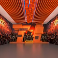 Modern Exhibition Hall Interior With Orange Strip Ceiling Red Patterned Wall And Geometric Decorative Structures