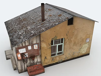 Old Small House With Worn Exterior Wooden Roof Chimney Windows And Small Wooden Box 3d model