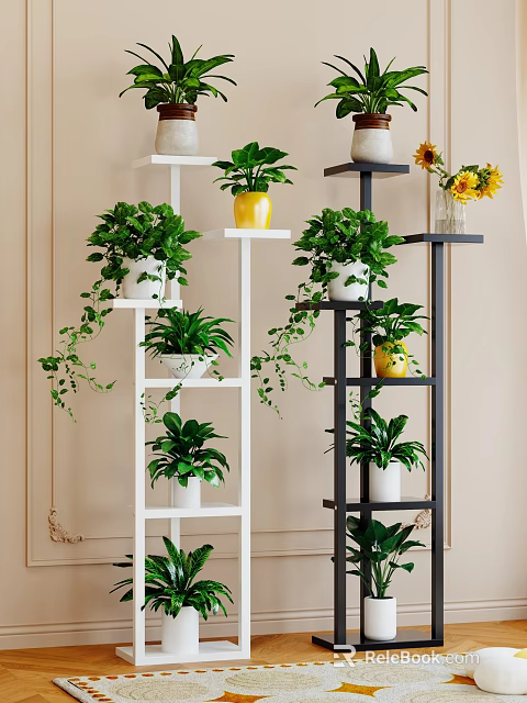 Potted Plants on White Black Multi tiered Stands with Green Hanging Vines and Yellow Pots 3d model 