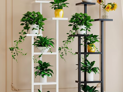 Potted Plants on White Black Multi tiered Stands with Green Hanging Vines and Yellow Pots 3d model