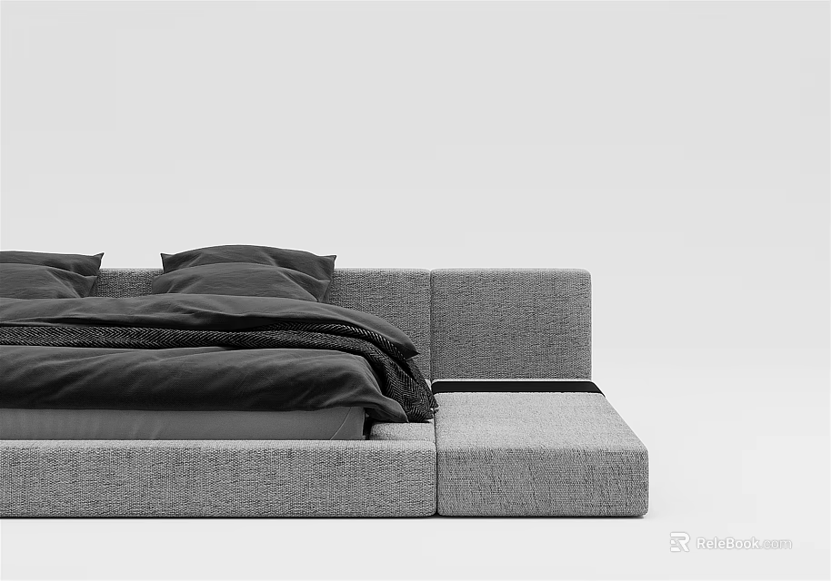 Modern Double Bed With Gray Frame And Black Bedding Minimalist Design 3d model