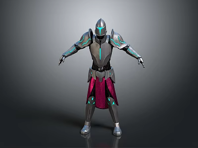 Game and Movie Character in Silver Armor with Blue Luminous Lines and Red Skirt Design 3d model