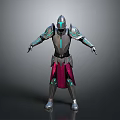 Game and Movie Character in Silver Armor with Blue Luminous Lines and Red Skirt Design