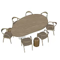 Modern Minimalist Wooden Oval Dining Table Set With Six Wicker Chairs And Small Stool