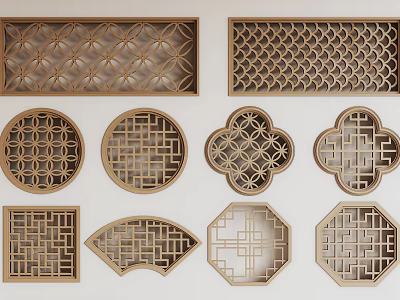 Ornate Wooden Carved Lattice Windows With Traditional Design And Various Geometric Shapes 3d model