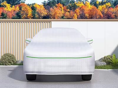 Car Covered With White Cover On Concrete Driveway By Autumn Trees And Wooden Fence 3d model
