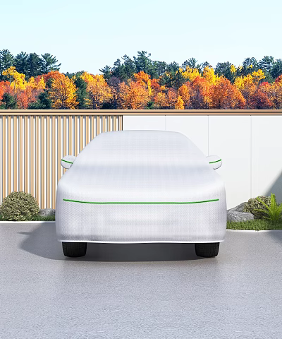 Car Covered With White Cover On Concrete Driveway By Autumn Trees And Wooden Fence 3d model