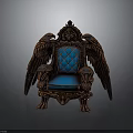 Ornate Winged Chair Design With Blue Tufted Cushion And Intricate Carvings