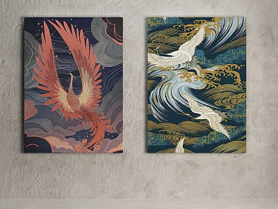 Vibrant Animal Paintings of Red Phoenix and White Cranes with Cloud Wave Patterns 3d model