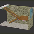 Stone Wall Structure With Wooden Stairs Platform And Glass Accent Area Design
