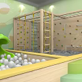 Indoor Playground Equipment with Wooden Structure Green Slide and White Ball Pit Tree like Decoration